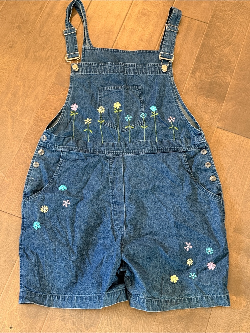 Women’s Denim Floral Embroidered Short Overalls - Blue